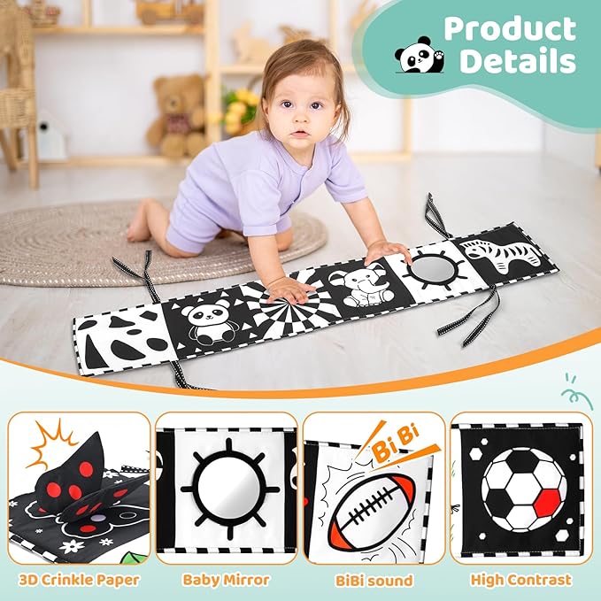 High Contrast Baby Book with Tummy Time Mirror & Contrast Cards | Black and White Visual Stimulation for Newborns 0-6 Months & Infants | Interactive Learning Gift, Baby Shower Essential