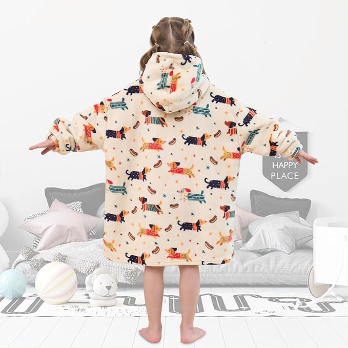 Fiosnow Dachshund Blanket Hoodies for Kids Toddler 2-6YR Oversize Wearable Blanket Hoodies for Boys Girls Teens