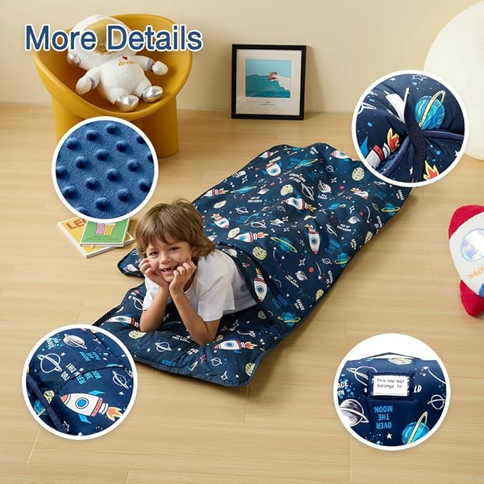 beeweed Toddler Nap Mat, Rollup Design Kid Sleeping Mat with Removable Pillow & Minky Blanket, Toddler Sleeping Bag for Daycare Preschool Travel Camping