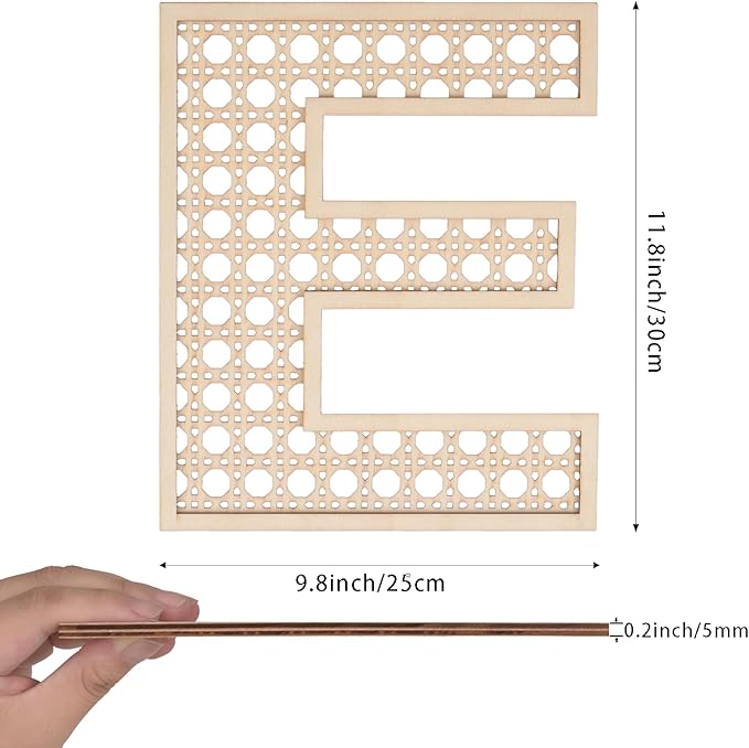 Large Boho Wooden Rattan Letters 12 inch for Nursery Decor Wood Letter E Wall Decors for Baby Girl Boy Bedroom Home Rustic Name Sign Birthday Wedding Decorative Letters