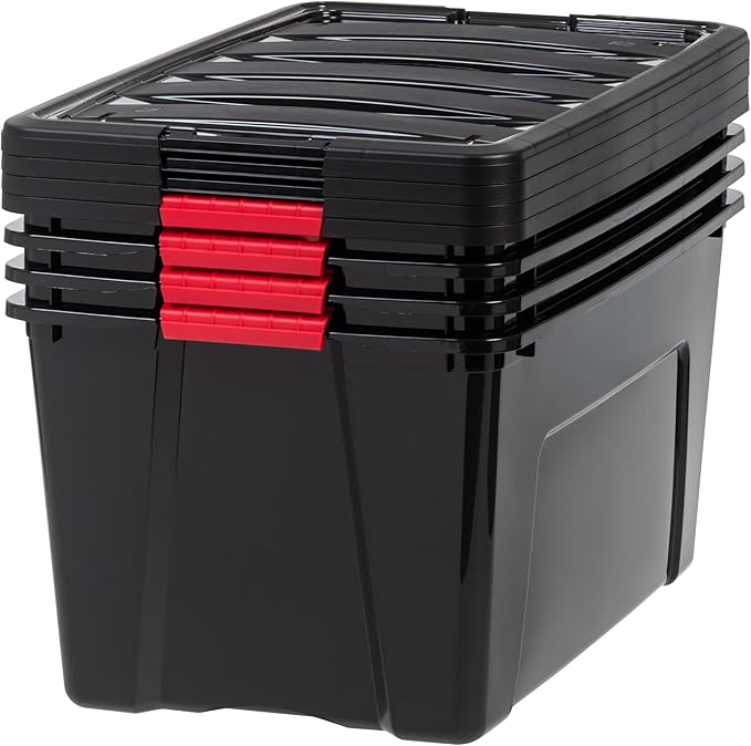 IRIS USA 72 QT Plastic Storage Box with Lid and Latches - 4 Pack - BPA-Free, Garage Organizing Solution, Durable Nestable Stackable Containers, Secure Pull Handle - Black