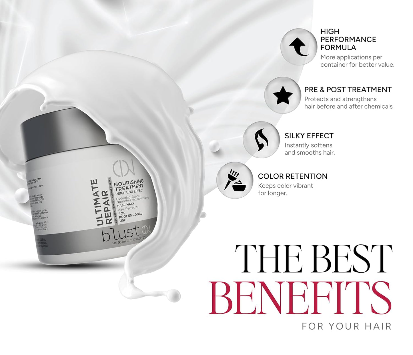 Ultimate Repair Mask with Collagen & Keratin for Damaged Hair - Hydration Deep Treatment for Dry Hair - Frizz Control & Nourishment Mask with Bamboo & Avocado Oil 500Ml