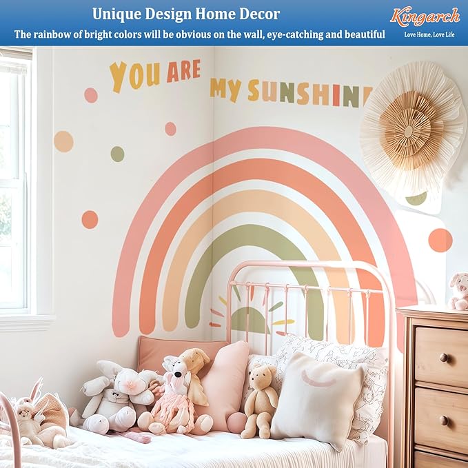 Large Rainbow Wall Decals, Sun Dots Peel and Stick Fabric Nursery Wall Decor, Removable Home Room Wall Decor Murals Stickers for Kids Girls Toddler Bedroom Living Room Playroom
