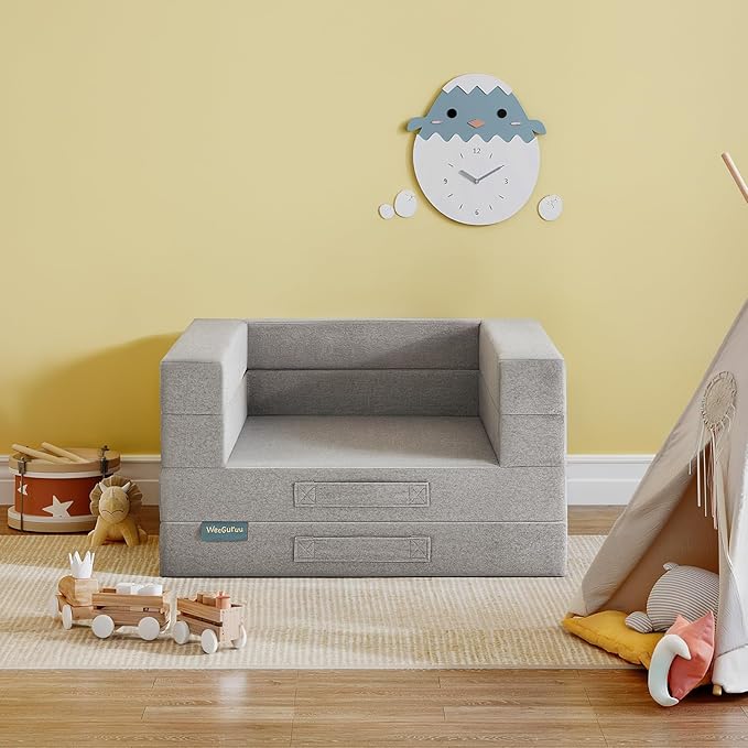 Travel Toddler Bed, 3-in-1 Convertible Sofa Bed for Toddler Portable Floor Beds, Flip Open Sofa Lounger for Girls and Boys, Made with High-Density Foam and Washable Cover,Ash