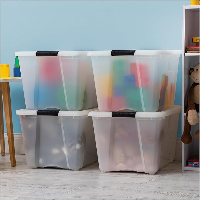 IRIS USA 54 QT Plastic Storage Box with Lid and Latches - 4 Pack - BPA-Free, Discreet Organizing Solution, Durable Nestable Stackable Containers, Secure Pull Handle - Pearl