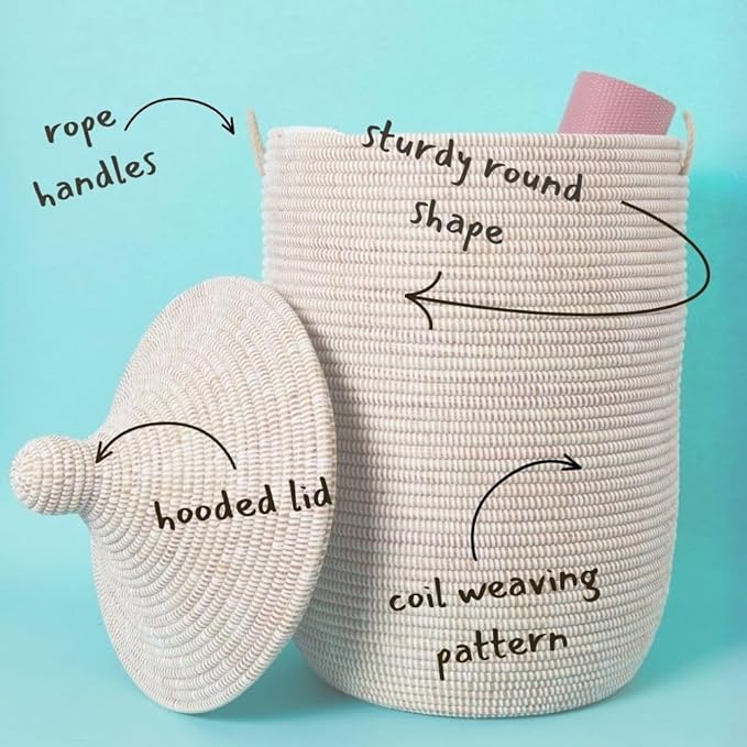 Tall Large Decorative Wicker Storage Basket with Lid, Laundry Hamper, Blanket Storage, Toys Bin, Clothes Holder, Boho Style (White)