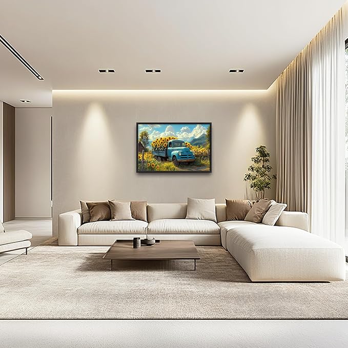 Olivine Large Wall Art, Sunflower Pictures Wall Decor, Farmhouse Sunflower Painting, Sunflowers Truck Canvas Prints, Framed Artwork for Living Room Bedroom Bathroom Office Home Decoration 36"x24"