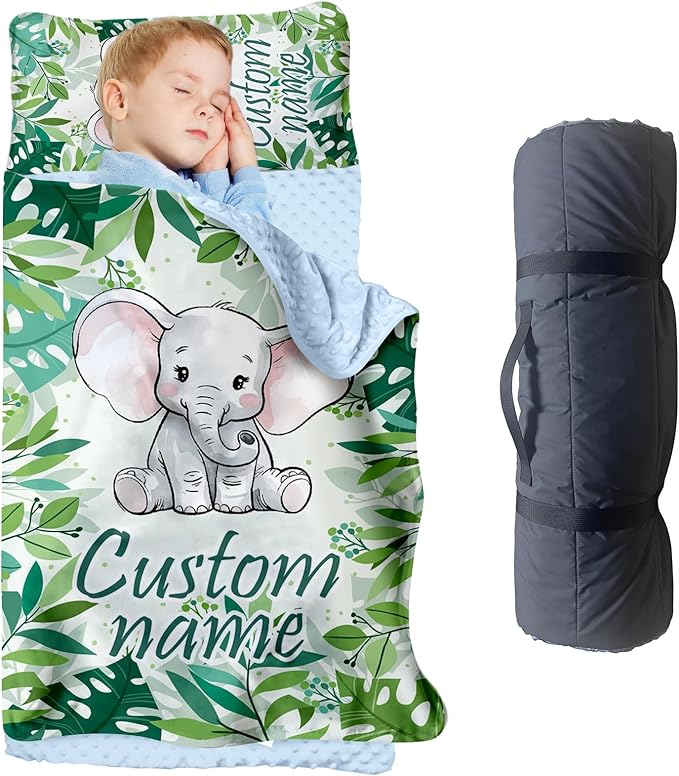 Personalized Toddler Nap Mats for Preschool, Custom Name Kids Sleeping Bag for Daycare, Roll Up Sleeping Mat with Removable Pillow and Soft Dot Minky Blanke for Boys Camping Travel