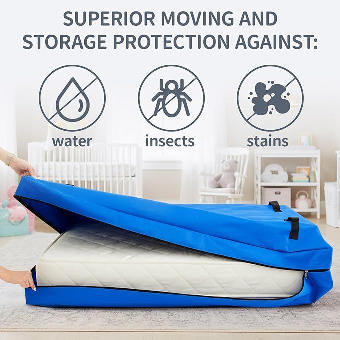 1 Pcs Oxford Cloth Waterproof Crib Mattress Storage Bag with Zipper and 8 Reinforced Handles Heavy Duty Reusable Crib Mattress Cover for Storage, 52.5 x 28 x 6.5 Inches (Blue)