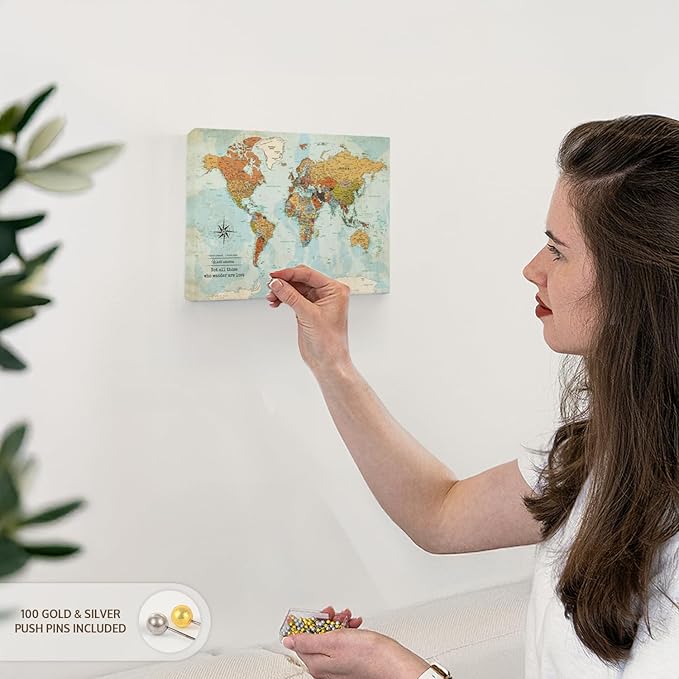 ElephantStock - Personalized Wanderer Push Pin World Map Wall Art - Horizontal Canvas Wall Art - Living Room Wall Decor - Digital Art Map Canvas Art - Orange And Blue Decor - 12" x 8"