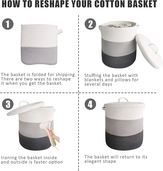 Large Storage Basket with Lid 60L, 16"Wx18"H Woven Laundry Basket with Lid Cotton Laundry Basket, Wicker Basket Blankets Pillows Storage in Living Room Baby Nursery, Dark Gray/Gray/White Mix with Lid