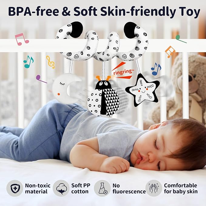 TSYAN Car Seat Toys for Babies 0-6 Months,Hanging Rattle Toys for Crib Mobile, Baby Spiral Hanging Stroller Black and White High Contrast Toys for Newborn 0 3 6 9 12 Months Baby Boys Girls (Bug)