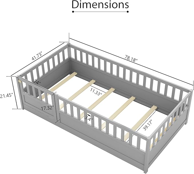 Twin Size Floor Bed with High Fence, Door and Slats, Twin Floor Bed with Slats(Gray Twin)
