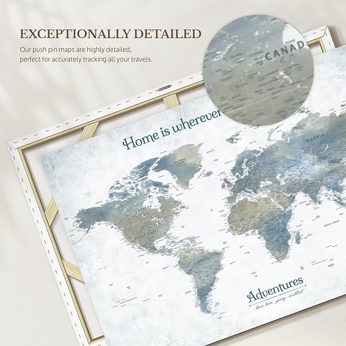 ElephantStock - Home With You II Push Pin World Map Wall Art - Horizontal Canvas Wall Art - Living Room Wall Decor - Digital Art Map Canvas Art - Blue And Gray Decor - 24" x 16"