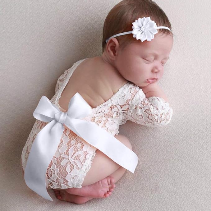 Newborn Girl Photography Outfits, Backless Lace Romper with Flower Headband Photo Props, Baby Girl Photoshoot Outfits