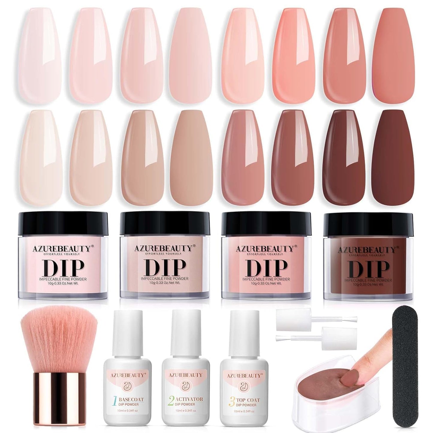 AZUREBEAUTY Dip Powder Nail Kit Starter, All Season Skin Tone Nude Brown 4 Colors Acrylic Dip Powder Liquid Set with Base/Top Coat Activator for French Nail Art Manicure DIY Salon Gifts