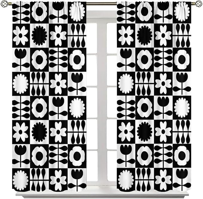 Mid Century Geometric Floral Curtains,Vintage 70s Window Treatments for Boys Girls Kids Bedroom Curtains,Boho Black and White Floral Curtains 63"" W X 63"" L, Style-10