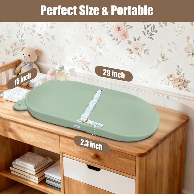 Baby Changing Pad, EVA Waterproof Non-Slip Changing Table Pad with Adjustable Strap for Dresser Changing Table Nursery, Portable Diaper Changing Pad, Green