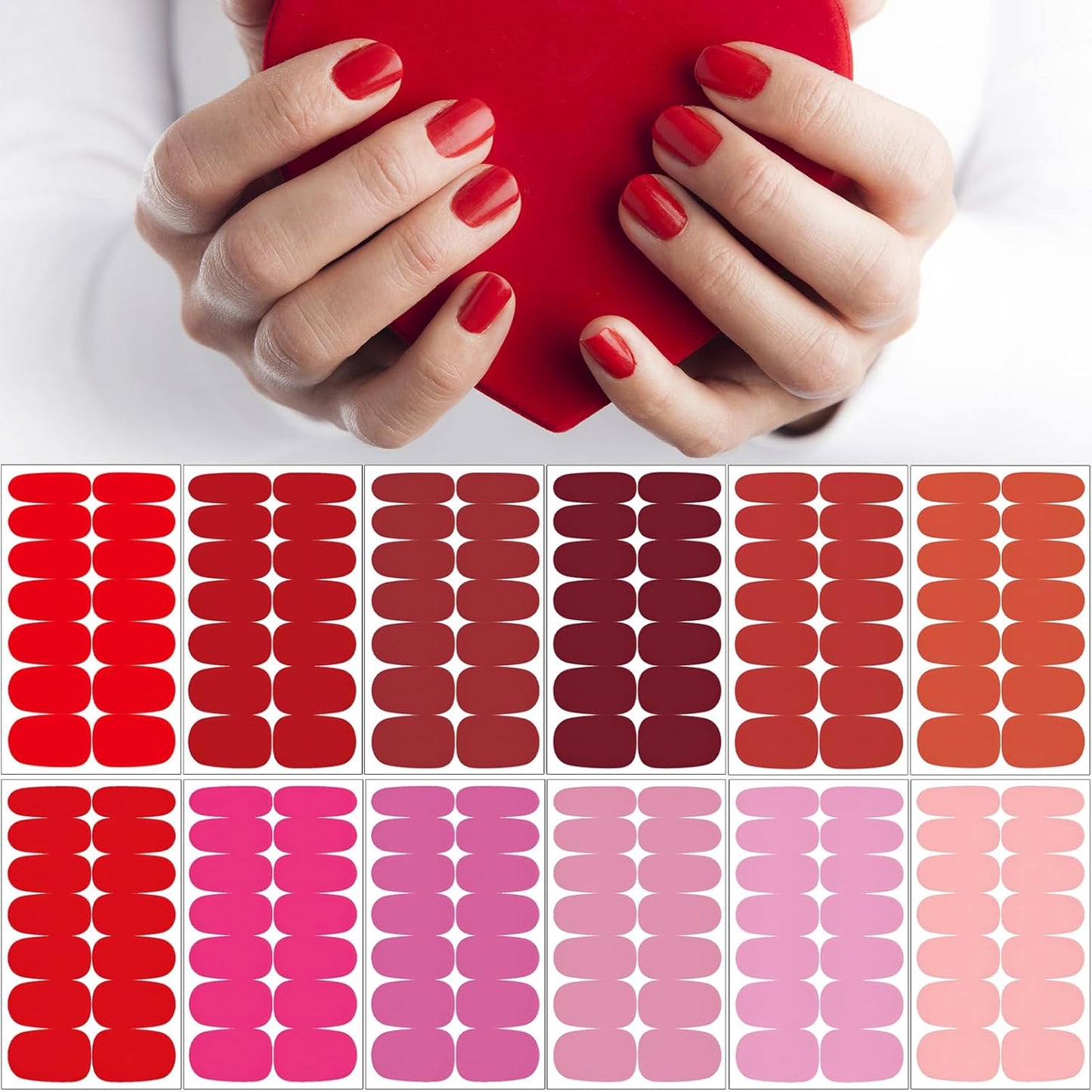 winthrop 12 Sheets Red Pink Series Solid Color Nail Wraps Full Stickers Nail Polish Strips, Valentine's Day DIY Self-Adhesive Women Nail Art Party Decor with 2 Pcs Nail Files (168 Pieces)