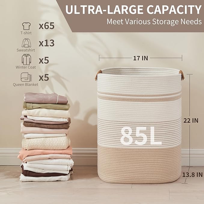 Laundry Basket with Handles - Blanket Basket & Hampers for Bedroom Aesthetic, Laundry Hamper & Blanket Storage for Living Room, Clothes Hamper, Tall, Large 17" x 14" x 22”, Off-white