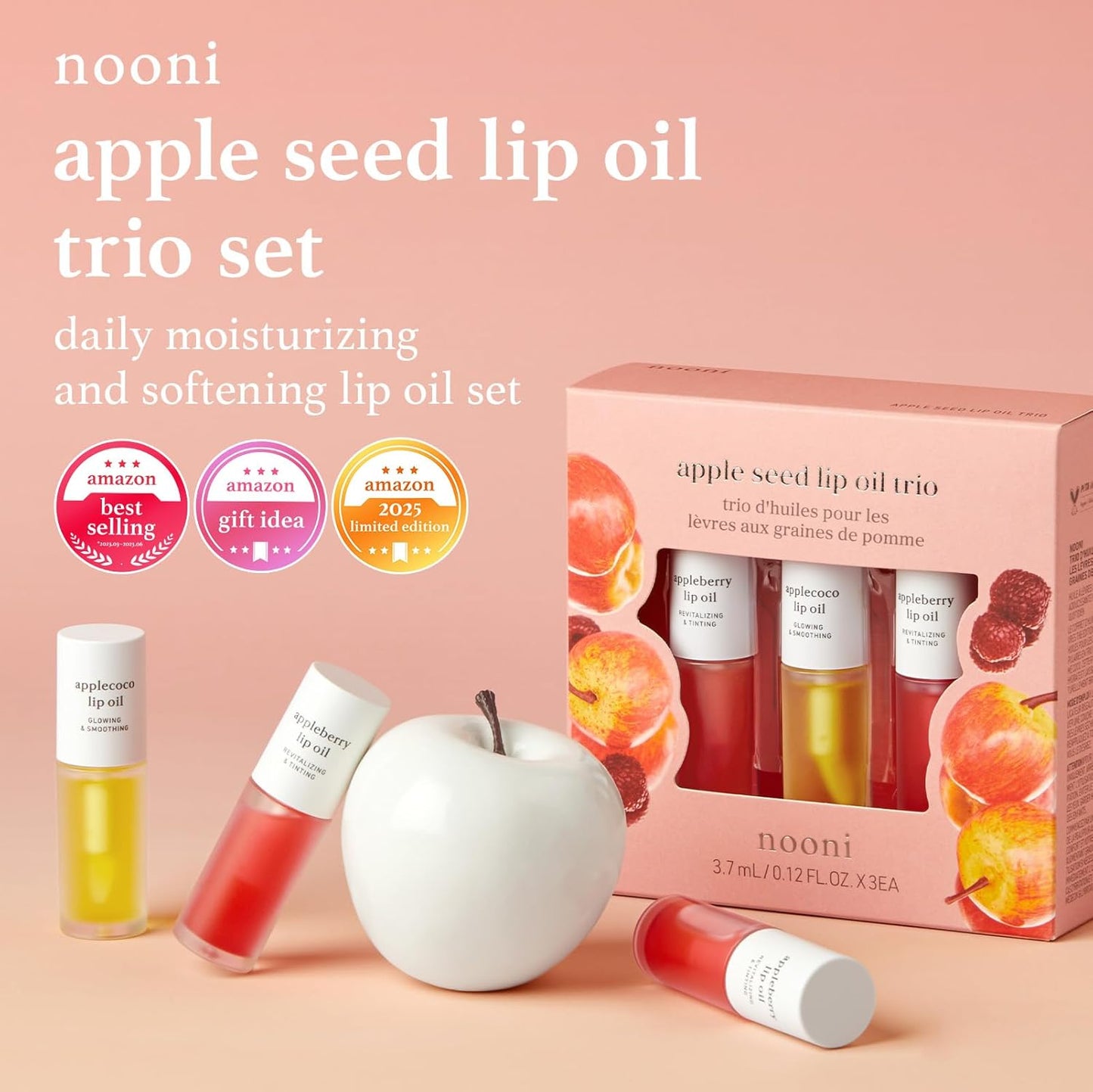 NOONI Korean Lip Oil Gift Set - Appleseed Lip Oil Trio, Tinted Lip Care, Hydrating, Lip Plumping, Long Lasting Moisture, Korean Vegan Makeup for Women, 0.12 Fl Oz x 3ea