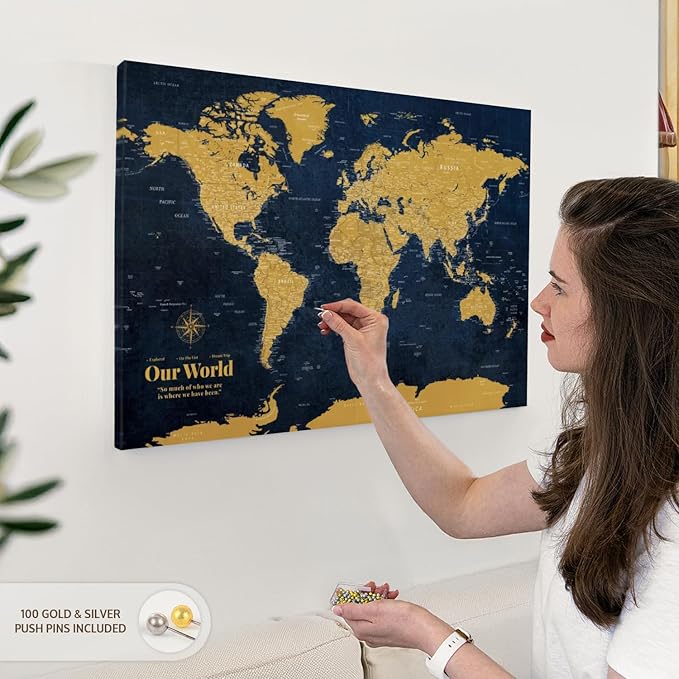 ElephantStock - Personalized Push Pin World Map - Gold Wall Art - Horizontal Canvas Wall Art - Living Room Wall Decor - Digital Art Map Canvas Art - Orange And Blue Decor - 30" x 20"