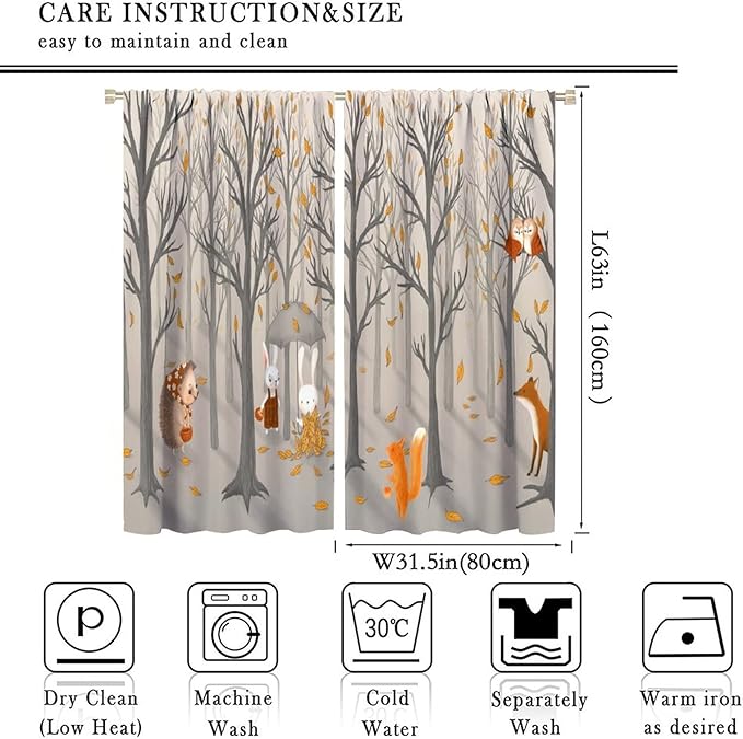 Kids Woodland Animal Window Curtains, Autumn Forest Hedgehog Rabbits Squirrel Fox Birds Blackout Rod Pocket Window Treatments Drapes for Boys Girls Bedroom 63x63in