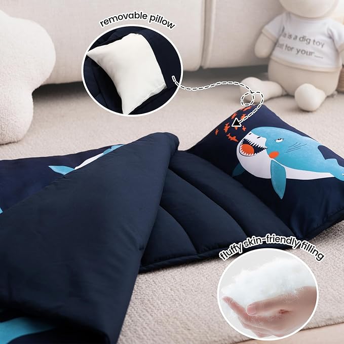 PHF Shark Toddler Nap Mat Set, with Removable Pillow for Toddler Boys, Soft and Lightweight for Daycare, Preschool, Travel, Kindergarten Sleeping Bag, Fits Ages 3-6 Years, Shark