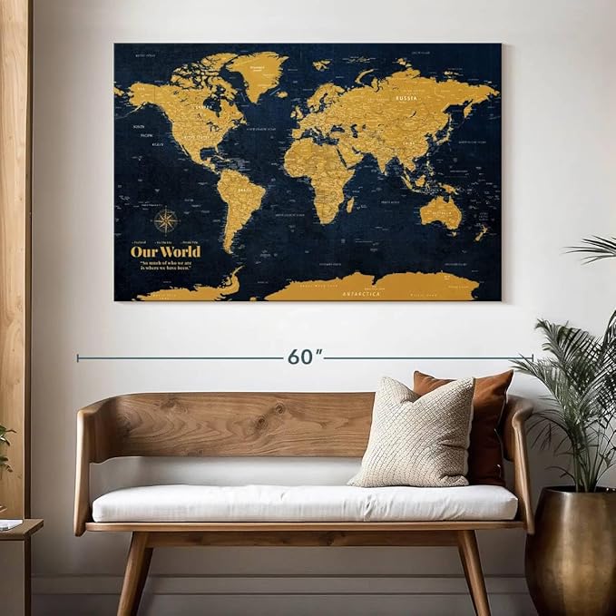 ElephantStock - Personalized Push Pin World Map - Gold Wall Art - Horizontal Canvas Wall Art - Living Room Wall Decor - Digital Art Map Canvas Art - Orange And Blue Decor - 51" x 34"