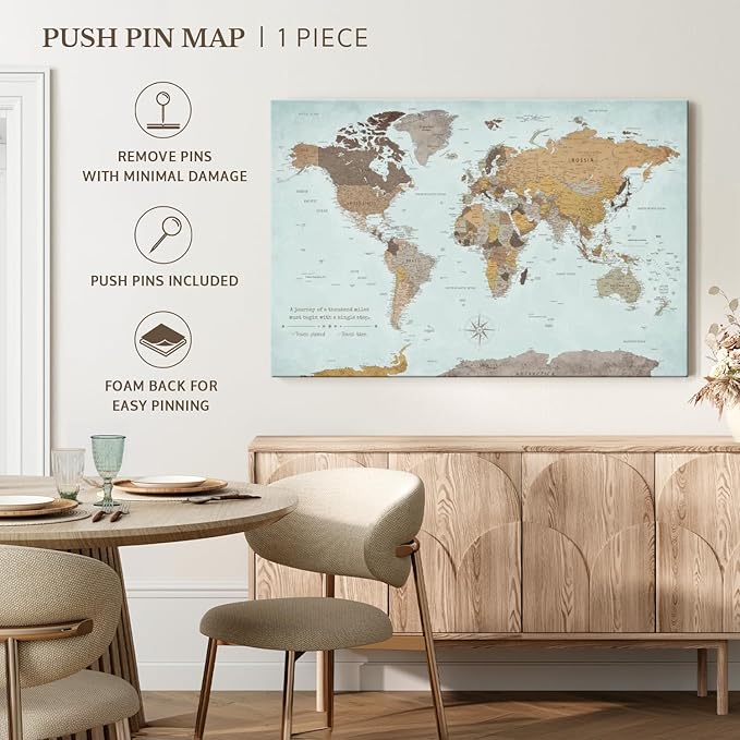 ElephantStock - A Thousand Miles World Push Pin Map Wall Art - Horizontal Canvas Wall Art - Living Room Wall Decor - Printmaking Map Canvas Art - Blue And Brown Decor - 48" x 32"