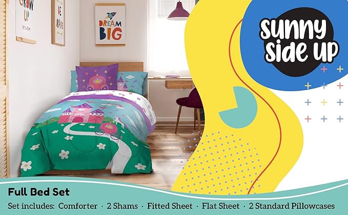 Sunny Side Up Magic Castle Full Comforter Set - 7 Piece Kids Bedding Includes Comforter, Sheets & Pillow Cover - Super Soft Floral Microfiber Bed Set