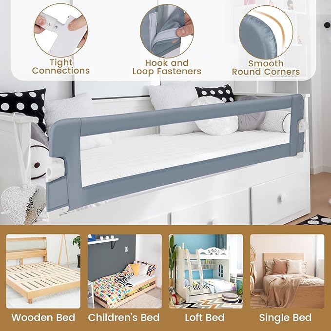 BABY JOY Double Sided Bed Rail Guard, 2 Pack, Extra Long, Swing Down for Convertible Crib, Folding Baby Safety Bedrail for Kids Twin Full Size Queen King Mattress, Rails for Toddlers (Light Gray, 71")