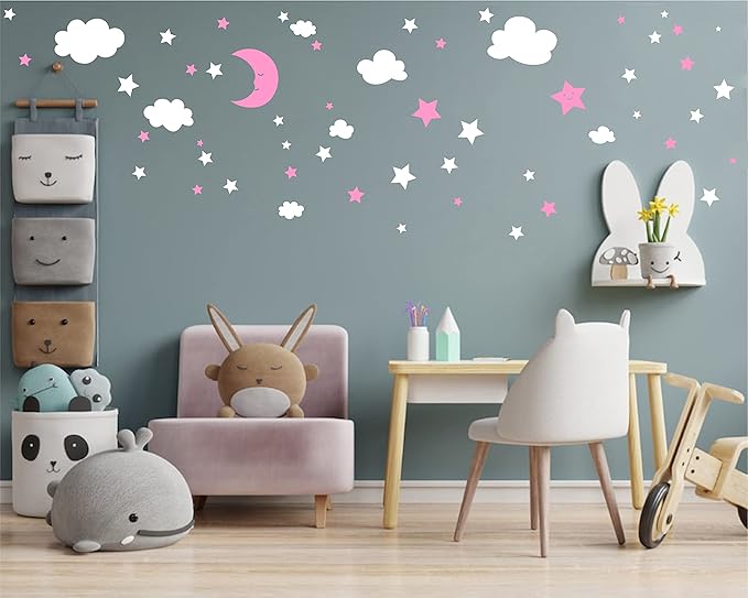 Crescent Moon Stars and Clouds Wall Decals Moon and Stars Nursery Wall Stickers Starry Sky Playroom Decor Kids Rooms Mural Kids Room Wall Art Y59 (White,Pink)