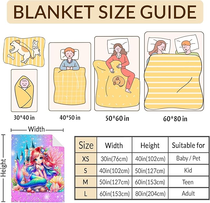 Girls Blanket, Mermaid Throw Gift for Kids Adults Mermaid Lovers Daughter 60x80 Inches Soft Warm Throw Blankets for Sofa Couch Bed Trip Cute Decor Stuff