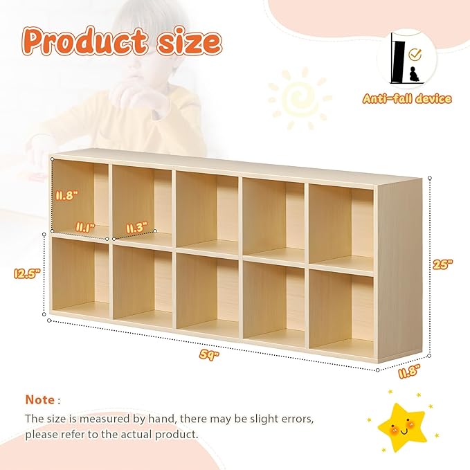 10 Cube Storage Organizer, Cubby Storage Organizer, Cube Shelf with Back Plate, Wooden Kids Bookcase for Toy, Solid Wood Cube Storage for Living Room/Bedroom/Hallway/School, Easy to Install