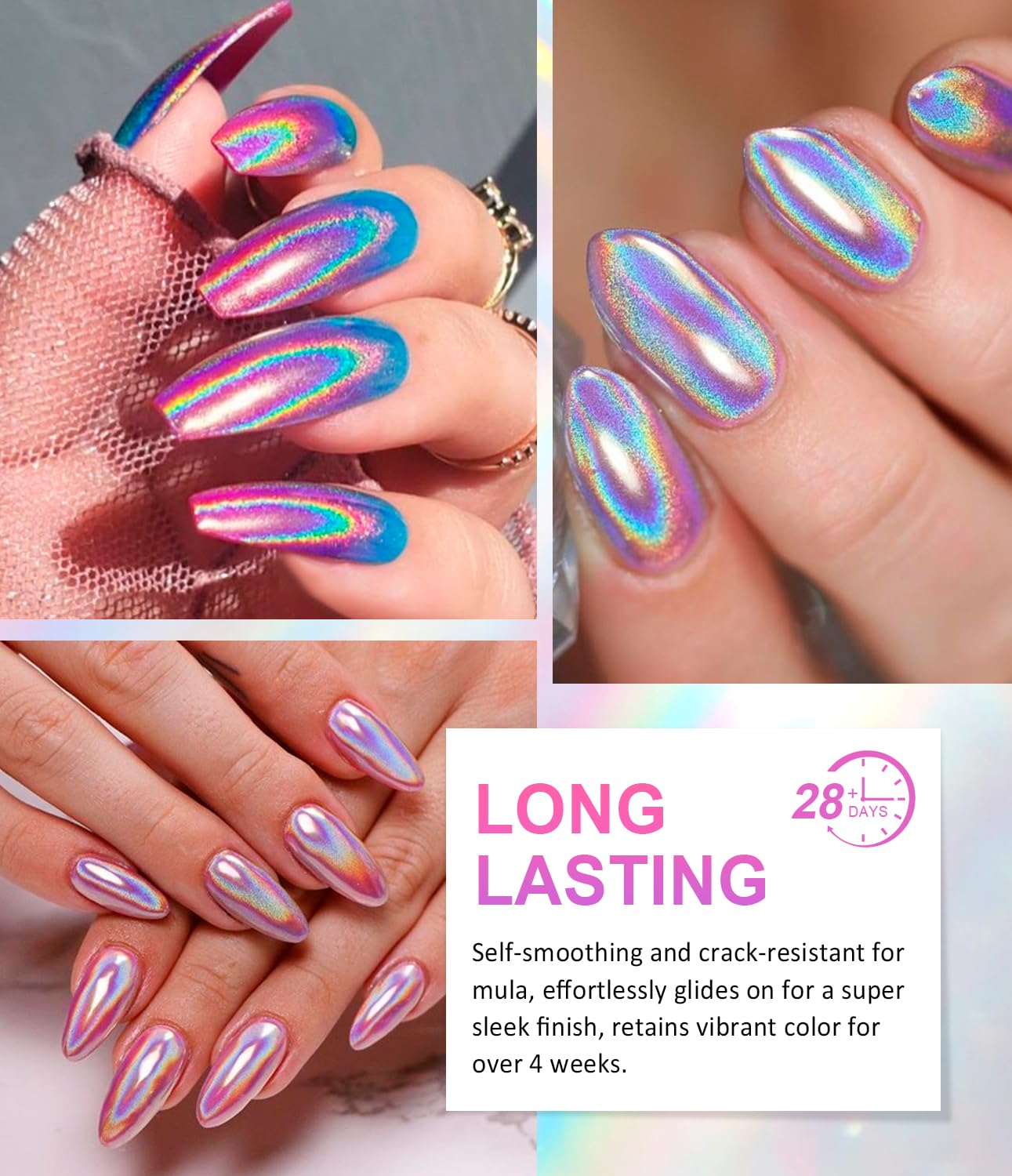 Magic Chrome Nail Powder: Iridescent Mirror Holographic Nail Powder,Metallic Pearl Effect Laser Chrome Nail Powde r for Salon Home Nai l Art DIY Design