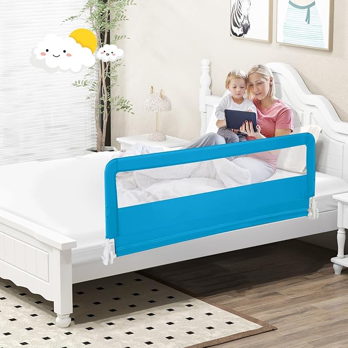 HONEY JOY Bed Rail for Toddlers, 59-in Extra Long, Portable Safety Bed Guardrail w/Double Safety Child Lock, Foldable Baby Bed Rail Guard, Fit King & Queen Full Twin Size Bed Mattress (2 Pack, Blue)