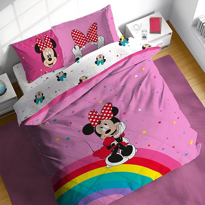 Sunny Side Up Disney Minnie Mouse Full Comforter Set - 7 Piece Kids Bedding Includes Comforter, Sheets & Pillow Cover - Super Soft Rainbow Dots Microfiber Bed Set