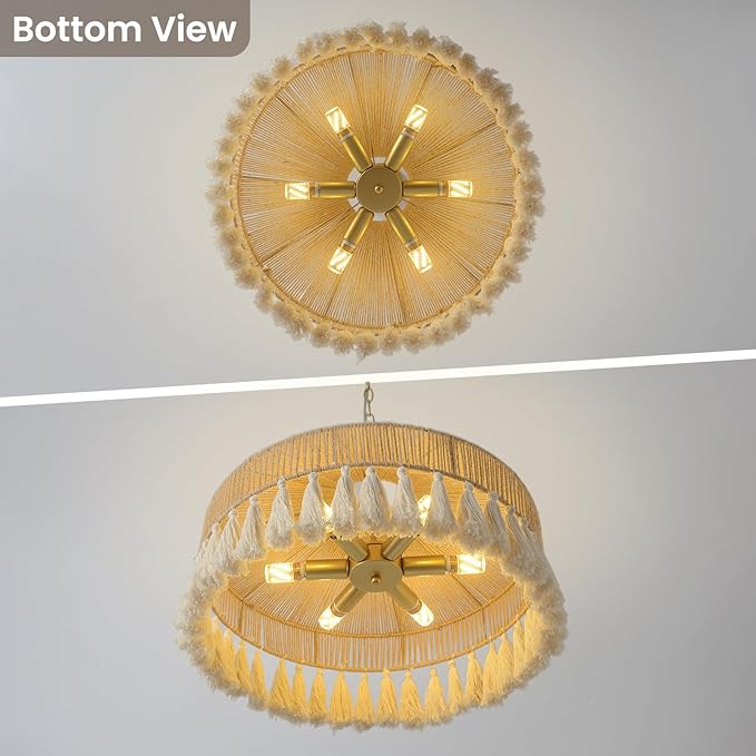 Rattan Pendant Light 19.5in 6 Lights Boho Large Chandelier Wabi-Sabi Pendant Light with Fringe Tassle Chandelier Lighting Fixtures for Living Dining Room Kitchen Bedroom Nursery Girls Room