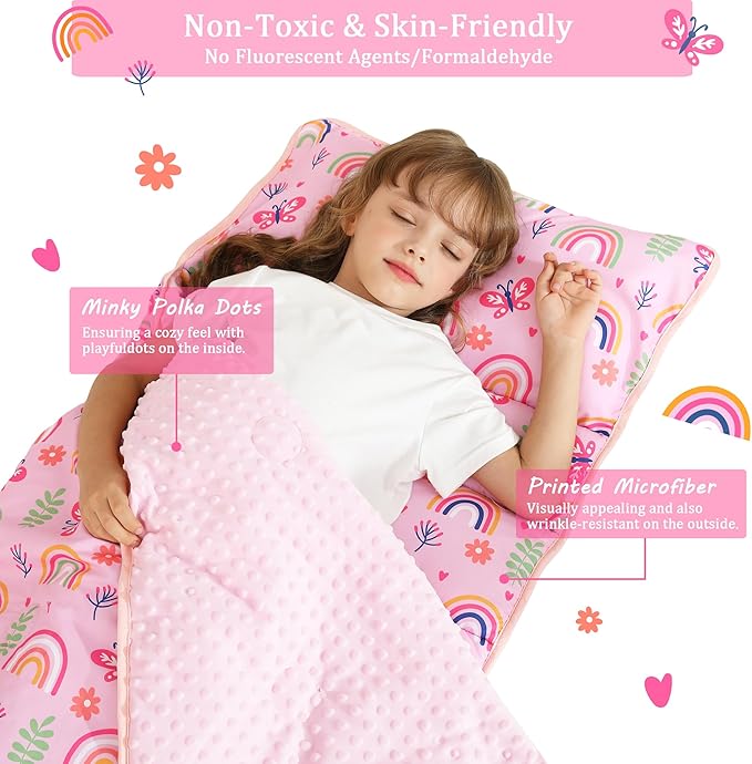 Toddler Nap Mat for Preschool 50''x30'' Sleeping Mat with Removable Pillow and Minky Blanket for Kids Ages 3-7 Roll Up Soft Sleeping Bag for Boys Girls Kindergarten Daycare Sleepover