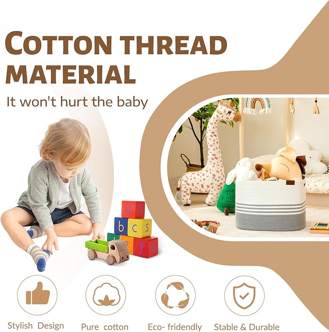 Storage Baskets, 42L*2 Pack Storage Baskets for Organizing, Laundry Basket for Closet, Cotton Rope Blanket Basket for Storage, Toy Storage Basket for Living Room, Laundry Room, Bedroom-Grey