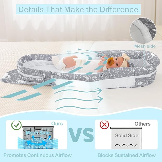 Portable Baby Lounger Bag, Foldabl Babies Nest with 2-in-1 Removable Mosquito Net, Infant Travel Nest Lounger, Easy Setup and Storage for Outdoors Indoors - Baby Registry(Gray)