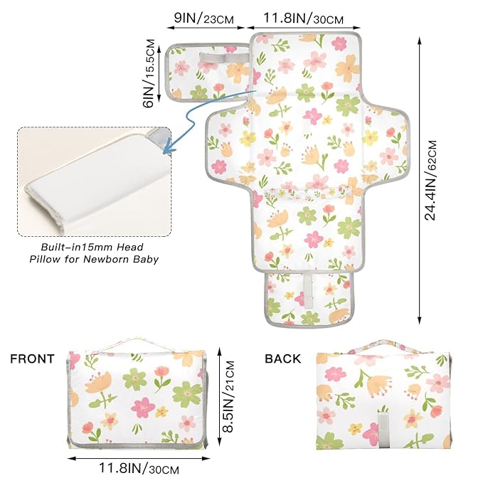 Flowers Portable Changing Pad with Built-in Pillow, Waterproof Foldable Baby Diaper Changing Pads, Diaper Mat for Boys and Girls