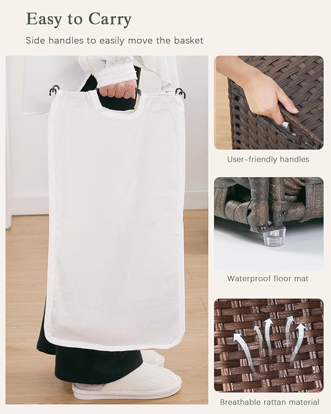 Laundry Hamper with Lid Wicker Laundry Basket 112 L (29.6 Gal) Laundry Hampers Handwoven Rattan Laundry Hamper with Handles 3 Removable Washing Bag, 6 Mesh Bags for Bathroom Bedroom Brown