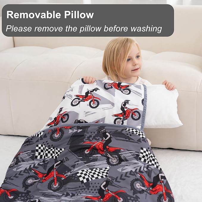 Viviland Toddler Nap Mat with Pillow and Minky Dot Blanket, Rolled Large Sleeping Mat for Boys, Kids Slumber Bag/Nap Mat for Preschool, Daycare, Kindergarten, Travel Camping - Cool Motocycle