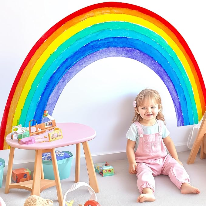 Large Watercolor Rainbow Wall Decals, Colorful Peel and Stick Vinyl Nursery Wall Decor, Removable Home Room Wall Decor Murals Stickers for Kids Girls Toddler Bedroom Living Room Playroom