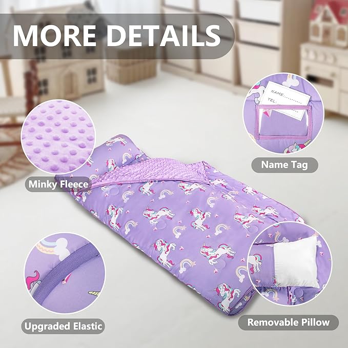 Primlect Thickened Toddler Nap Mat with Removable Pillow and Minky Blanket, Extra Large 55''x35'' Sleeping Bag, Washable, Roll up, Perfect for Daycare, Preschool, Kindergarten, Boys and Girls Purple