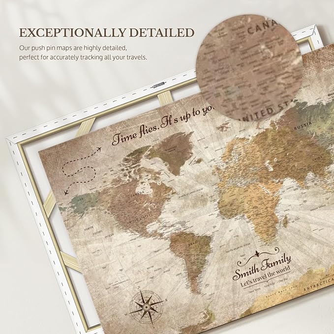 ElephantStock - Personalized Be The Navigator I Push Pin World Map Wall Art - Horizontal Canvas Wall Art - Living Room Wall Decor - Digital Art Map Canvas Art - Brown And Beige Decor - 12" x 8"