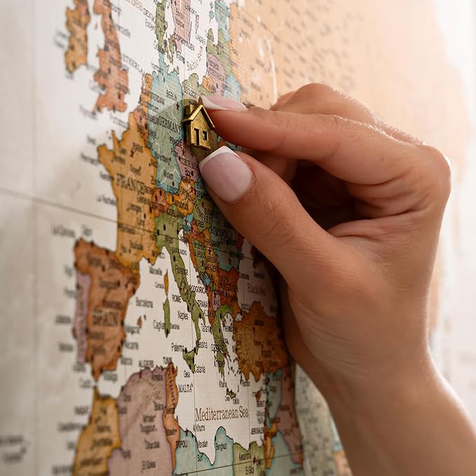 Canvas World Map with Cork Pin Board - English Lettering - Decorative Wall Decoration for All Rooms - Canvas Pictures with World Map Motif (90x60 cm, Pattern 22)