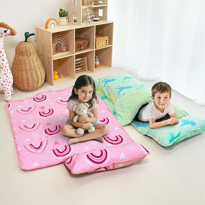 Toddler Nap Mat with Pillow and Minky Blanket, Large 55"x35" Sleeping Bag, Washable, Lightweight, Easy to Roll, Perfect for Preschool, Daycare, Kindergarten, Travel, Boys and Girls(Rainbow)